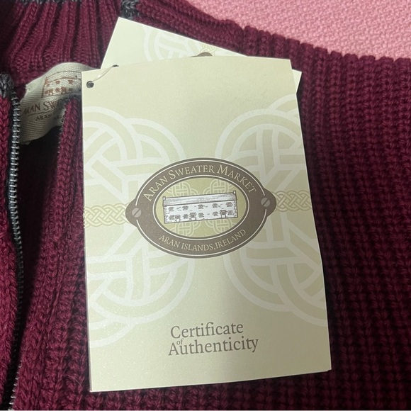 Aran sweater Men's Merino Wool Ribbed Cardigan size L claret - Picture 6 of 6